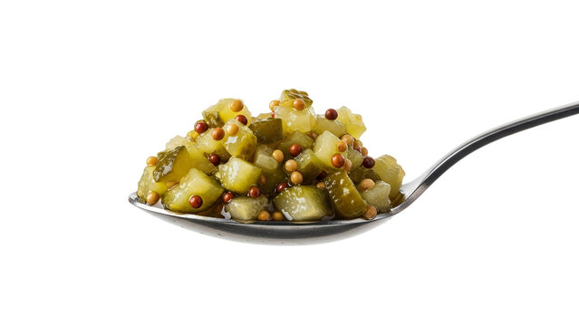 A delectable spoonful of finely diced gherkin relish, artfully combined with vibrant whole mustard seeds, poised on a polished silver spoon ready