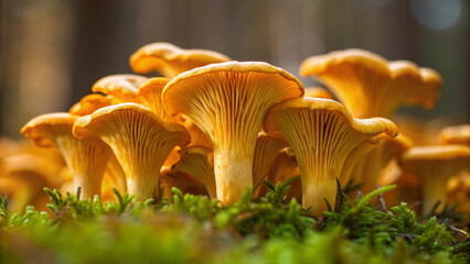 Mushroom cluster growing on forest floor during autumn season in a wooded area