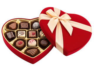Open heart shaped box of assorted chocolates isolated on transparent background for valentines day