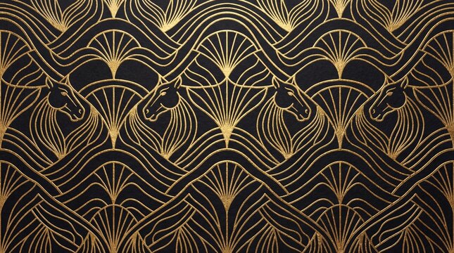 Seamless luxury art deco golden horse pattern on black background