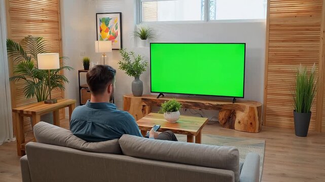 Man sitting on couch watching green screen TV