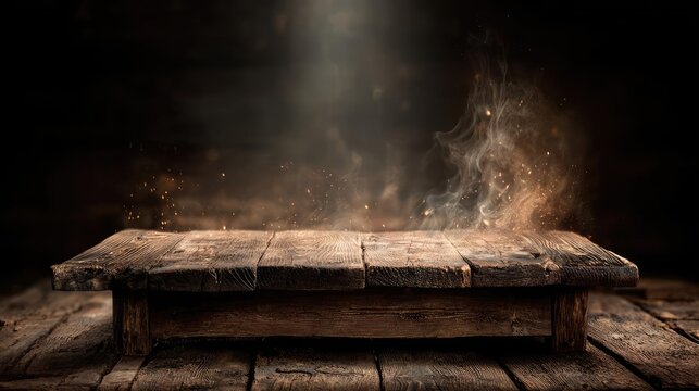 Blank wooden table with fire and smoke concept. Rustic wooden table with dramatic lighting and dust particles.