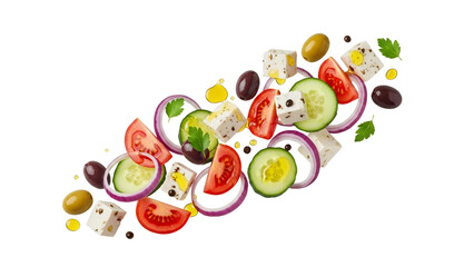 Naklejka premium Dynamic culinary presentation featuring vibrant Mediterranean salad components artfully arranged mid-air showcasing fresh wholesome ingredients and