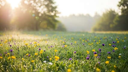 Sunlit meadow of vibrant yellow and purple wildflowers shimmering with morning dew