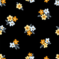 Floral vector seamless pattern. Small flowers on a black background. Print for textile, fabric for cloth, packaging.