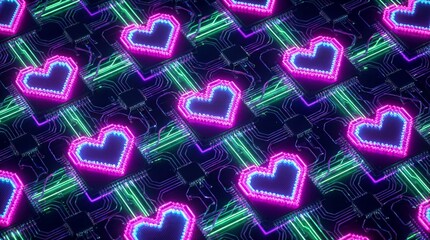 Seamless glowing neon circuit board heart pattern background