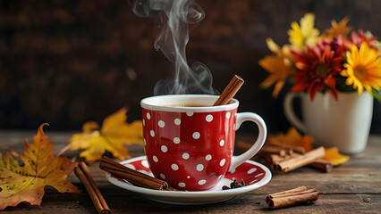 Cozy Autumn Hot Drink in Red Patterned Mug with Cinnamon Sticks Star Anise and Fresh Red Apples on Dark Rustic Wood Background Winter Seasonal Beverage Gourmet Warm Cider or Chai Tea Still Life