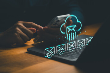 Cloud email synchronization and digital communication on smartphone. Business technology for internet messaging, networking, and data connection via global network.