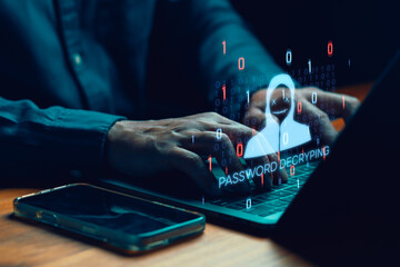 Cyber hacker decrypting password on laptop. Digital security breach, data privacy threat, and cybercrime technology. Professional internet attack using computer network at night.