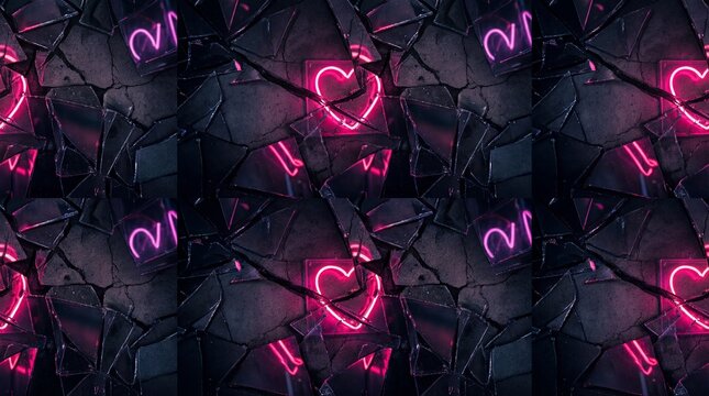 Seamless broken cracked glass texture with neon heart reflection