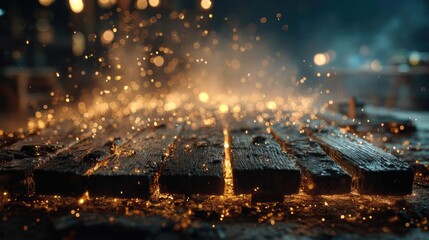 Blank wooden table with fire and smoke concept. Burning sparks illuminate wooden planks in a workshop setting.