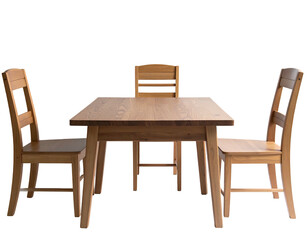 Natural wood dining set with three chairs on a black background