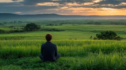 Young man breathes calmly amid greenery concept. A person meditating in a tranquil landscape during sunset.