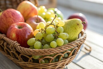 A basket of fruit including apples, pears, and grapes