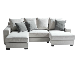 Plush sectional sofa with multiple cushions and two chaise lounges