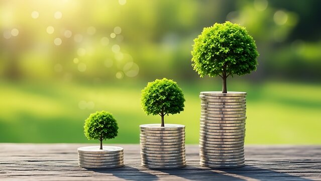 Three small green trees of increasing size grow from stacks of coins on a wooden surface, set against a bright, sunlit natural background, symbolizing financial growth and investment.