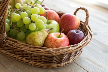 A basket of fruit including apples, pears, and grapes