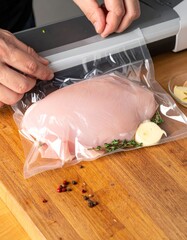 Preparing chicken with herbs and spices for cooking in a kitchen setup to enhance flavors and taste