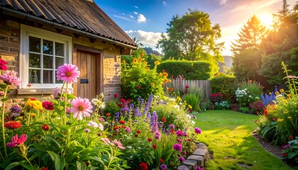 Cottage facade, lush garden blooms bathed in warm sunlight