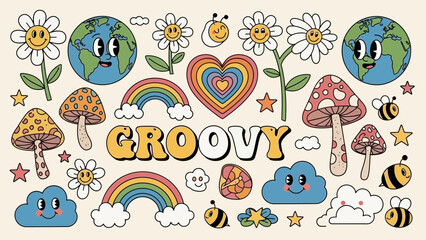 Groovy Retro Cartoon Elements with Earth, Mushrooms, Clouds, Flowers, and Rainbows © Myanee