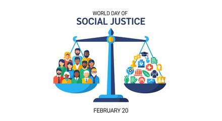 Balanced scales symbolizing social justice with diverse people on February 20, vector illustration