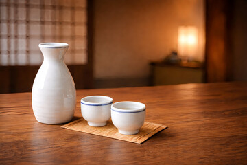 Japanese hot sake served in tokkuri bottle with ochoko cups on wooden table