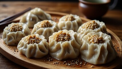 Authentic Steamed Chinese Dim Sum Dumplings with Minced Topping on Wooden Serving Tray Close Up Gourmet Asian Fusion Cuisine Traditional Appetizer Macro Food Photography for Menu Design