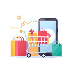 Online shopping and e-commerce illustration, flat vector design, shopping cart and mobile phone, isolated on white background, PNG, modern style&rdquo;
