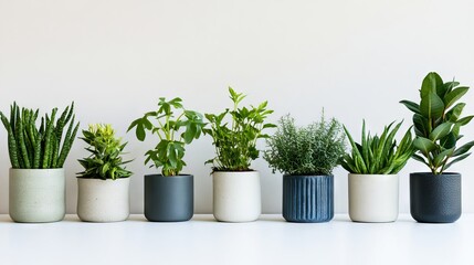Obraz premium 8.Minimalist arrangement of various indoor plants in modern ceramic pots, displayed on a white surface with soft natural lighting, creating a fresh and elegant home dÃ©cor setting.