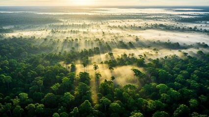 Dense forest canopy pierced by sunlight and mist aerial view