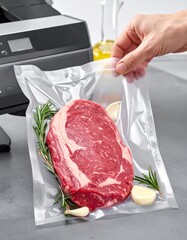 Preparing a sous vide steak with garlic and rosemary in a modern kitchen setting