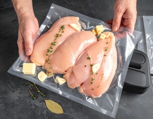 Preparing chicken breasts with herbs and butter in a vacuum bag for a cooking session at home kitchen