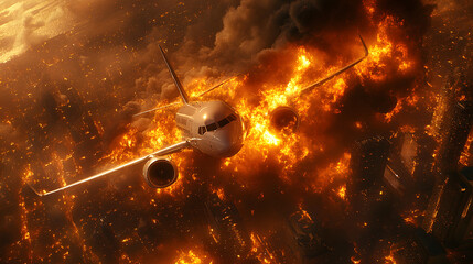 Airplane flies over city during massive fire in the sky at sunset