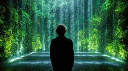 Young man breathes calmly amid greenery concept. A figure stands in awe before a stunning waterfall, surrounded by nature.