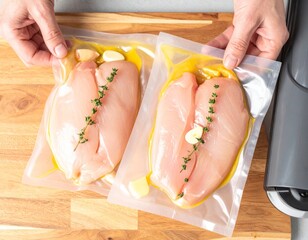 Cooking chicken with herbs in vacuum seal bags for meal prep in a clean kitchen space