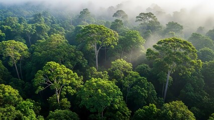 Dense forest canopy with verdant trees under a misty overcast sky