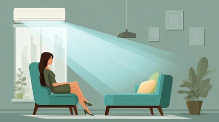 Comfort from air conditioner in living room concept. A serene living room with a woman relaxing in soft lighting.