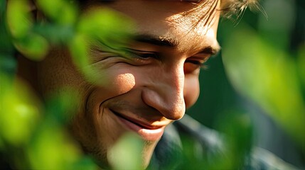 Young man breathes calmly amid greenery concept. A cheerful man smiling among green foliage in serene nature.