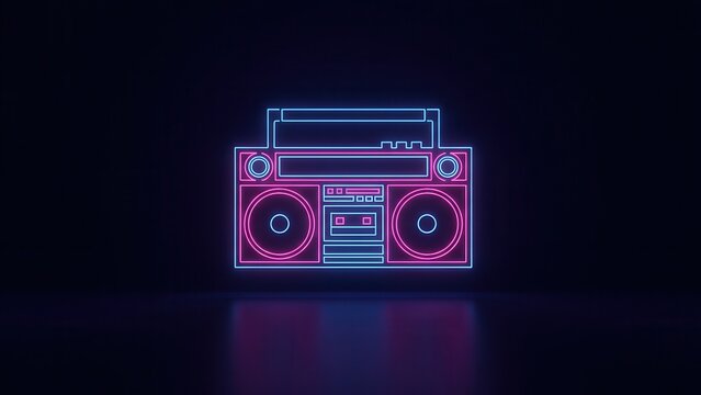 Vibrant neon boombox casting a cool reflection on a dark surface, perfect for retro music themes