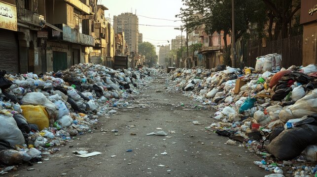 62.A wide-angle shot of the chaotic streets of Garbage City in Cairo, Egypt, with piles of accumulated waste and trash scattered across the road. The image shows streets lined with bags of garbage,