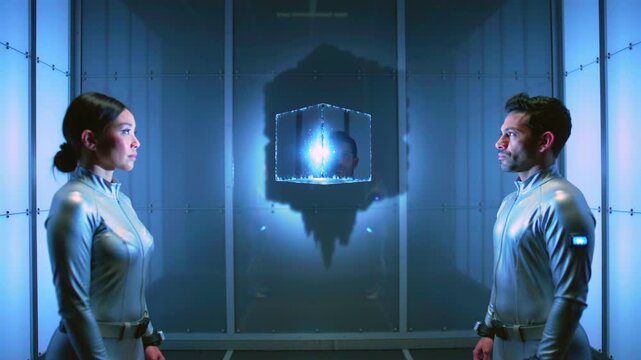 two scientists face hologram cube in sterile blue chamber, metallic suits reflecting cold light as they analyze levitating core tense exchange alternates between researcher, engineer,