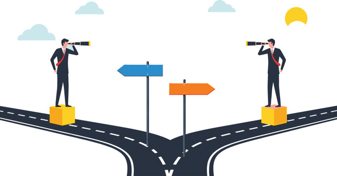 Two businessmen at a fork in the road using spyglasses for future vision and strategy selection featuring direction signs flat vector illustration