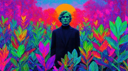 Young man breathes calmly amid greenery concept. A vibrant and colorful portrait amidst lush foliage.