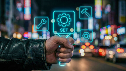 Ai automation concept hand tool icon set no code glowing interface ai automation concept abstract city street background