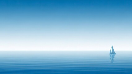 Serene seascape with a lone white sailboat on a calm blue misty sea under a gradient sky