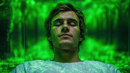 Young man breathes calmly amid greenery concept. A peaceful moment of reflection surrounded by vibrant greenery.