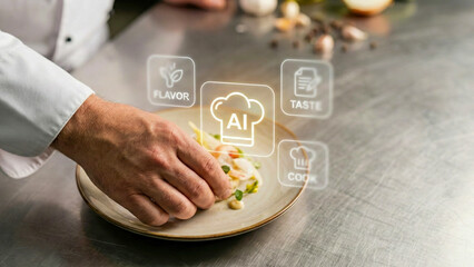Chef hand ai cooking concept code automation no flavor taste icon on gourmet plate in professional kitchen and creative culinary mood