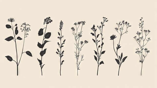 80.A minimalist botanical set of floral silhouettes, featuring elegant outlines of various plants and flowers against a neutral background, capturing the graceful simplicity of nature in a modern