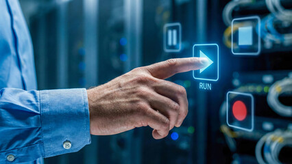 Ai automation no code concept, business hand touch digital run button in data center control interface for software workflow