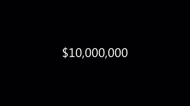 Dollar number counter animation from 0 to 10,000,000 in 4k for amount concept and financial or business use, animated dollar counting from zero to ten million on transparent background.
